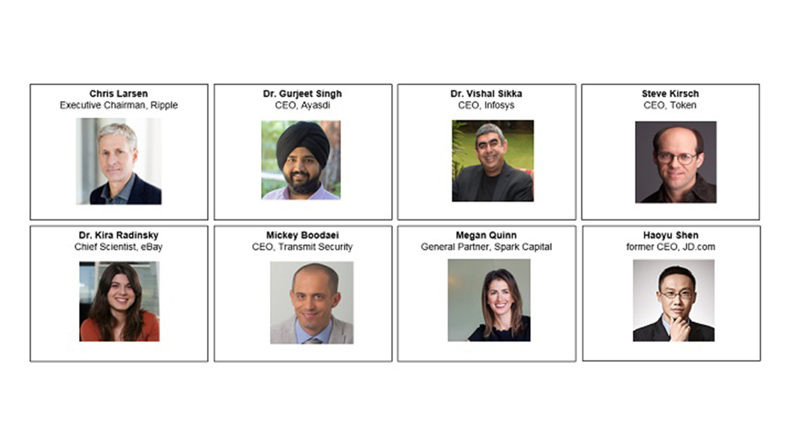 Mickey Boodaei, CEO of Transmit Security, cybersecurity expert; Steve Kirsch, CEO of Token, open banking expert; Chris Larsen, Executive Chairman of Ripple, expert in blockchain; Megan Quinn, General Partner at Spark Capital, Silicon Valley Venture Capital; Dr. Kira Radinsky, Chief Scientist at eBay, machine learning and data science expert; Haoyu Shen, former CEO of JD.com, ecommerce and internet expert; Dr. Vishal Sikka, CEO of Infosys, artificial intelligence expert; and Dr. Gurjeet Singh, CEO of Ayasdi, artificial intelligence expert.