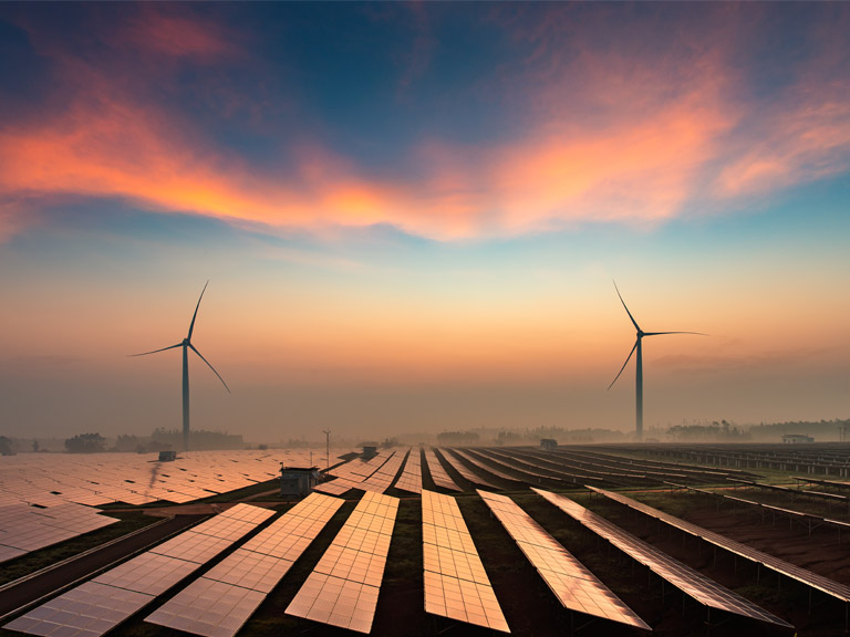Solar power plants in the dusk of the evening