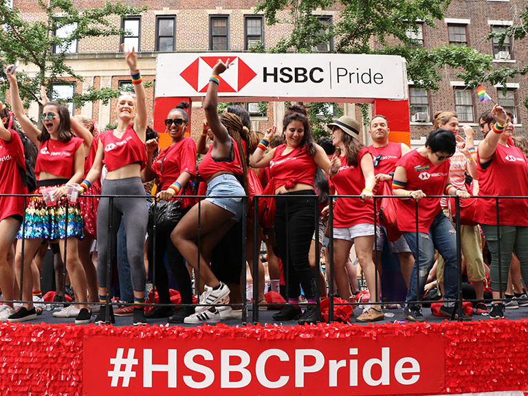 Employees and guests at the New York Pride parade in 2018