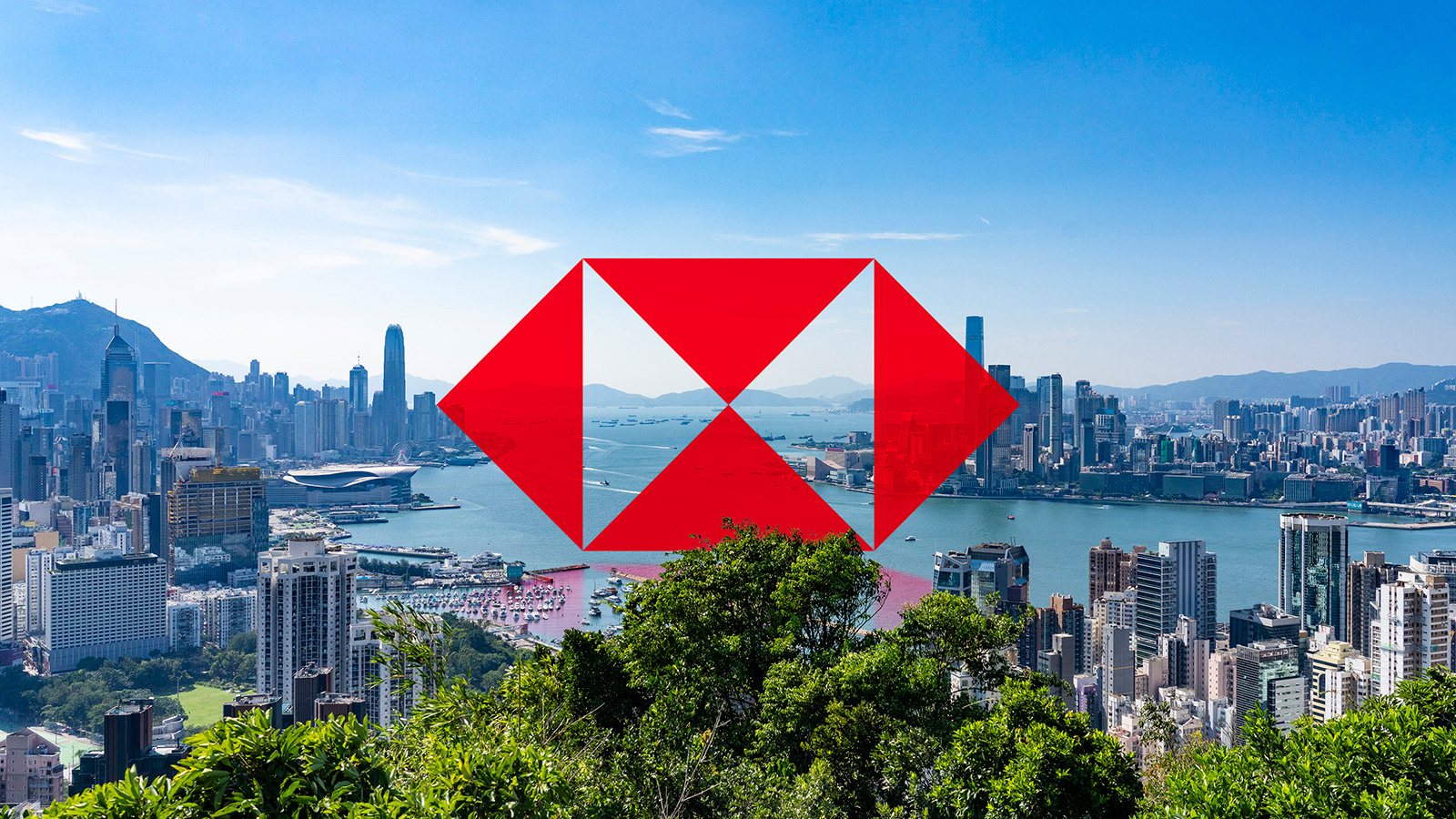 A view of the Hong Kong skyline with a red HSBC hex overlaid on the image