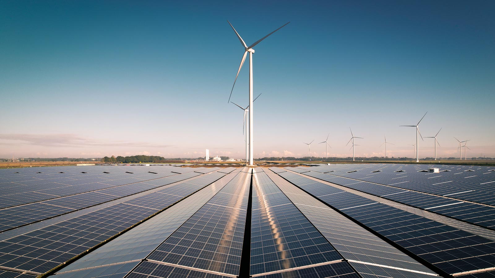 Wind turbines reflecting on a solar panel field