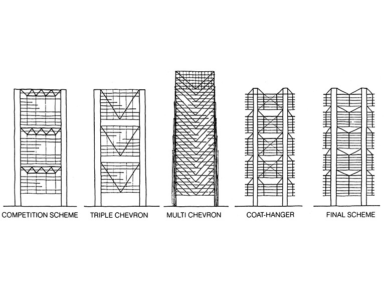 Five sketches show how the architectural design evolved from an initial to final building sketch