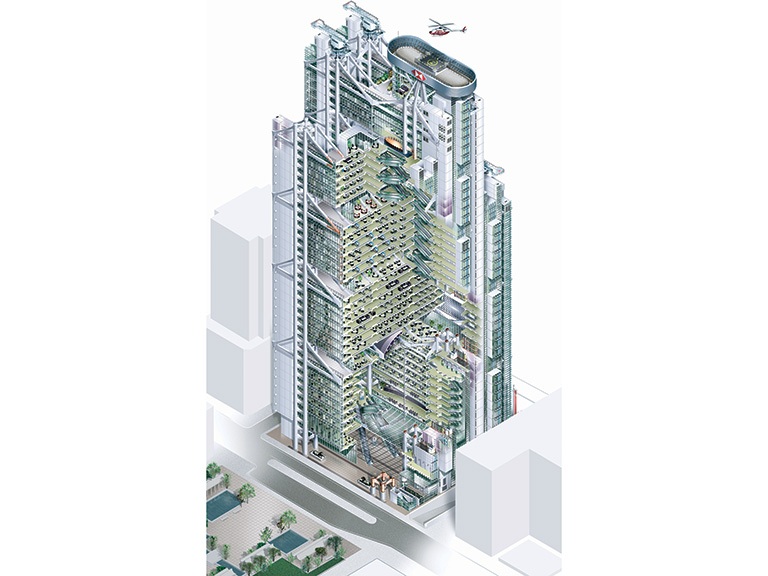 An architectural rendering exposes some of the central interiors with open, airy atriums