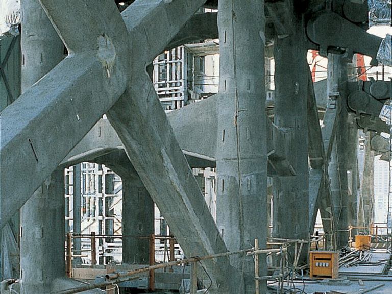A construction photo of the building's concrete structure